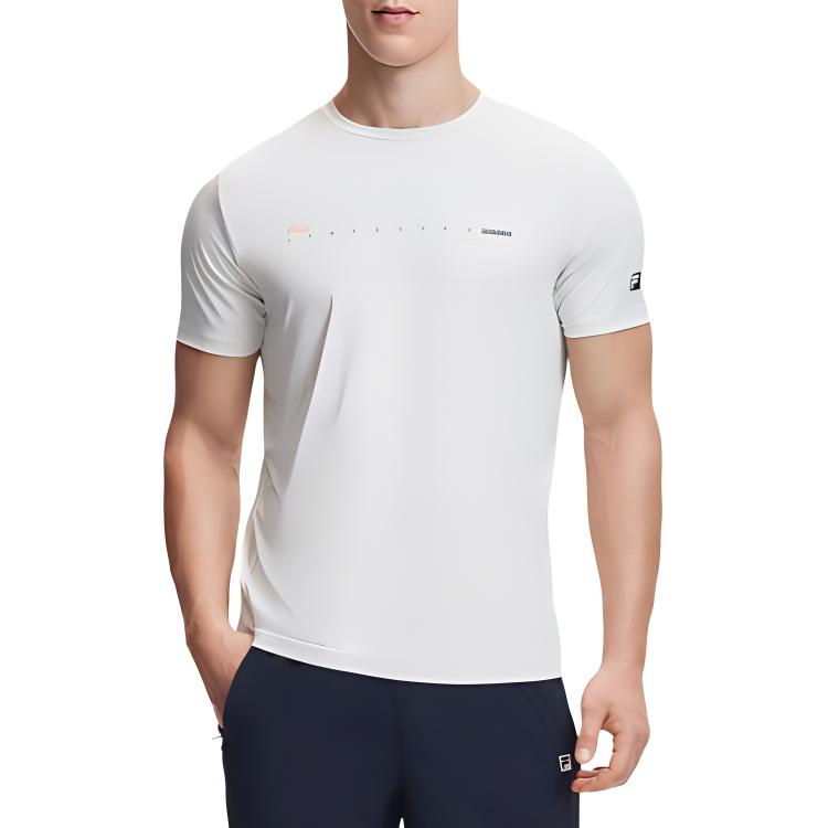 FILA Fitness SS24 Logo Print Moisture-Wicking Quick-Dry Cool Sports Knit Crew Neck Short Sleeve T-Shirt Men Tops Pearl-Gray A11M421107FGY