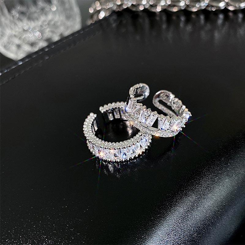 Design Sense Light Luxury Full Diamond Ring, Zircon Super Flash Row Diamond Double Layer Ring Temperament Open Woman