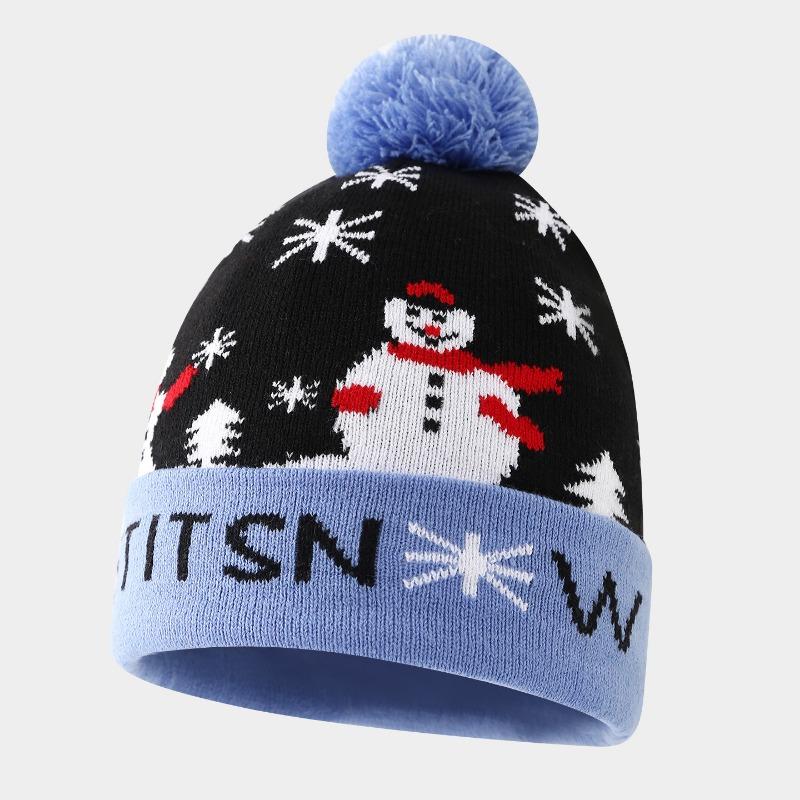 Christmas Elements Snowman Elk Christmas Tree Flanged Hairball Knitted Hat, Men's and Women's Thermal Ear Protection Wool Hat