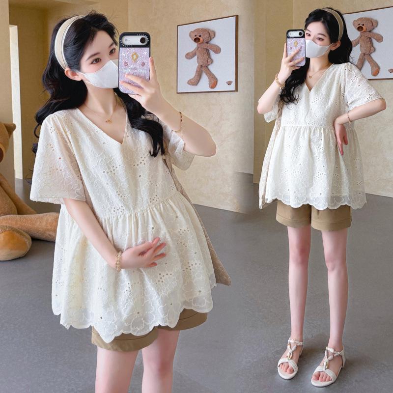 2026 Summer Korean V-neck Lace Embroidery Doll Top & Tummy Support Shorts Extra Large (XL)