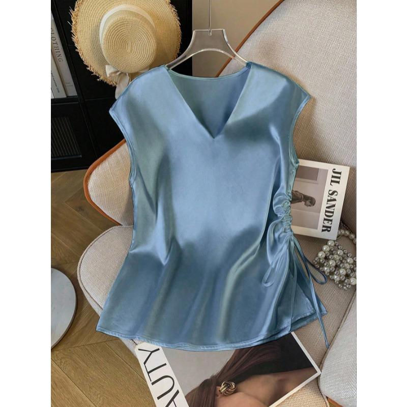 Women Satin V Neck Blouse Elegant Short Sleeve Side Drawstring Ruched Top Summer Casual Work Office Tunic Fashion Sleeveless Sweet Tank Tops for Women