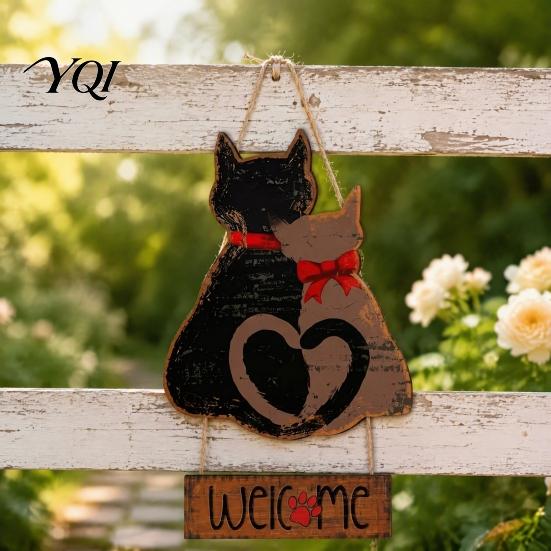 Indoor Entryway Decoration Wooden Hanging Welcome Sign for Front Door, Romantic Cat Couple Wall Decor Garden Pendant, Rustic Farmhouse Outdoor
