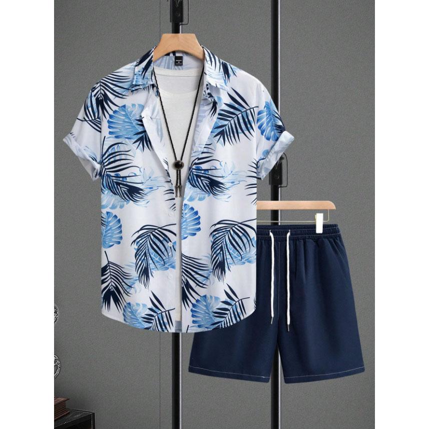 Herren Freizeitshirt mit Palmenblattdruck Hawaiianische Herren Outdoor-Badeshorts Sommer Alltags-Herren Kurzarmhemd und Shorts Set