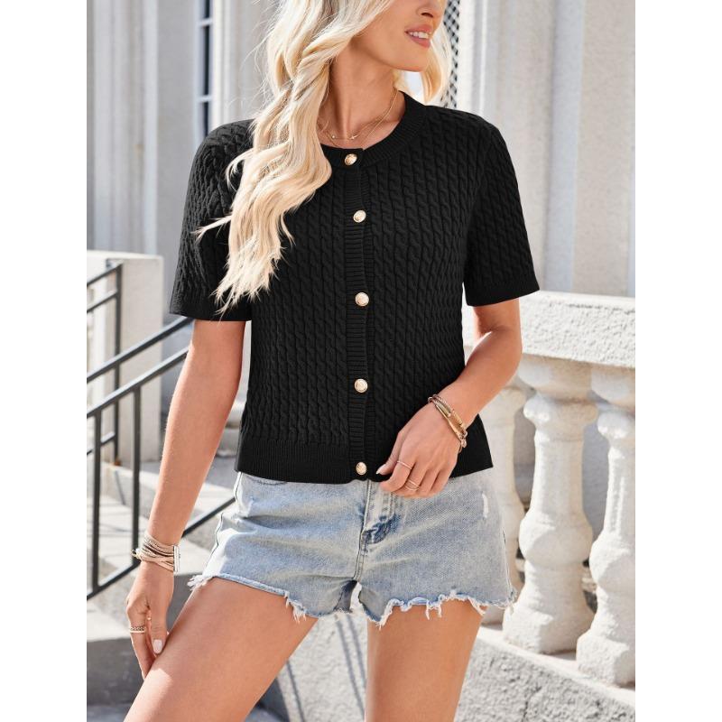 Women European Style Short Sleeve Button Front Cropped Round Neck Knitted Cardigan Sweater