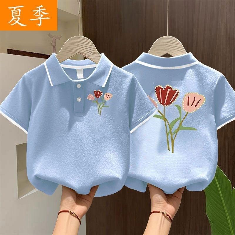 Girls Summer Korean Unique Print Polo Shirt Baby Short Sleeve Collar Top Breathable Casual Tee