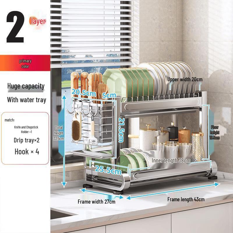 Kitchen Countertop 2-Tier Dish Drying Rack with Utensil Holder