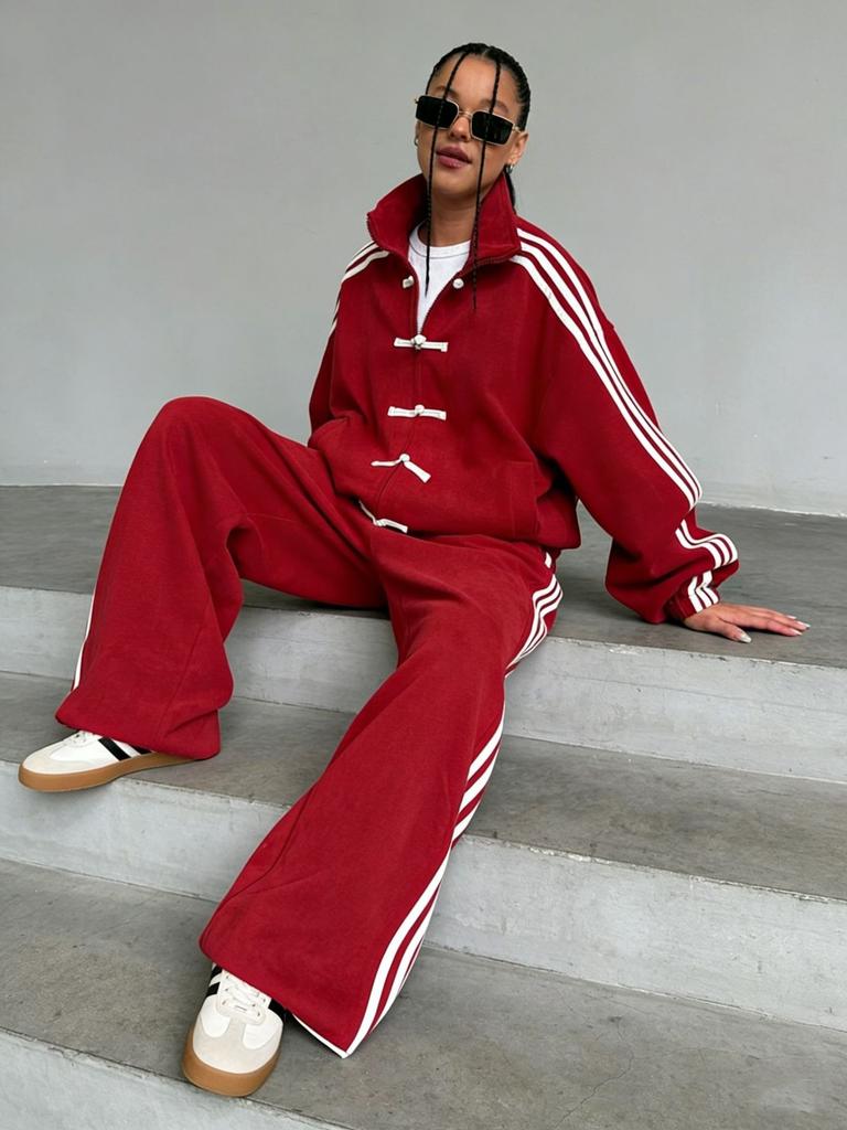 Fashion Buckle Three Bars Casual Suit Retro Stand-up Collar Jacket Wide-leg Sweatpants Two-piece Set