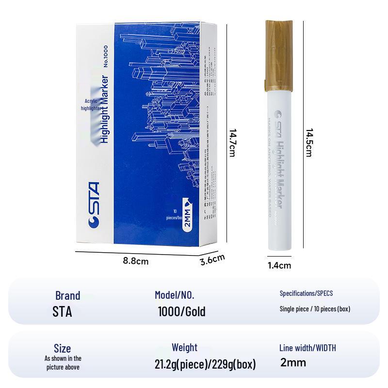 STA 1000N 1MM Acrylic Marker Pen – Gold, Silver, White; 2MM Highlight Pen for Manga & Black Card Art