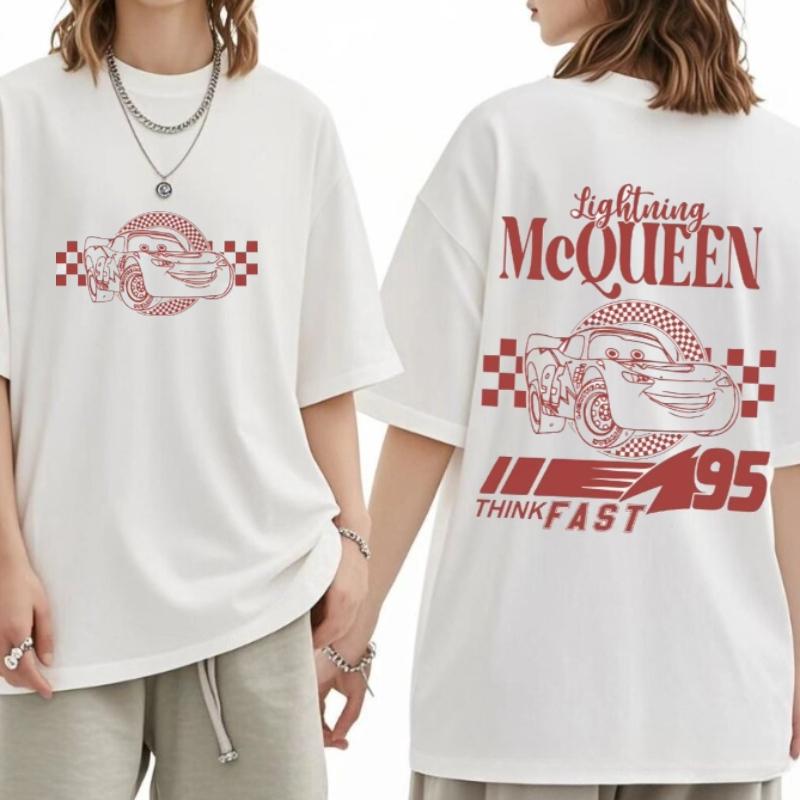 Car Lightning McQueen Adult White TShirt Lightning McQueen Text and Racing Pattern Back Unisex Women Oversize Cotton Top S