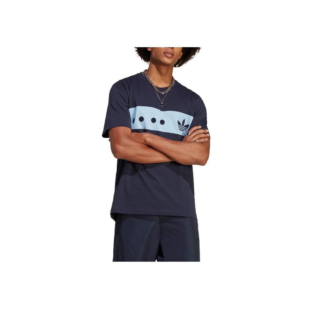 Adidas Originals Trefoil Logo Print Color Block Casual Crew Neck T-Shirt Men Tops Legendary-Ink-Blue IC8414