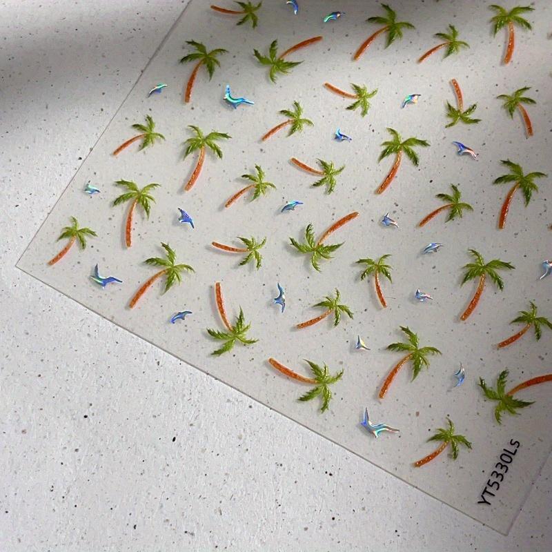 Tropical Beach Vacation Nail Art Stickers - Sparkling Coconut Trees & Seagulls, Reusable Plastic Decals for Manicures, Self-Adhesive Nail Art Decals