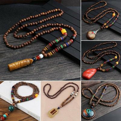Collar con colgante de estilo étnico con cuentas de madera bohemias, cadena larga para suéter, accesorios de joyería