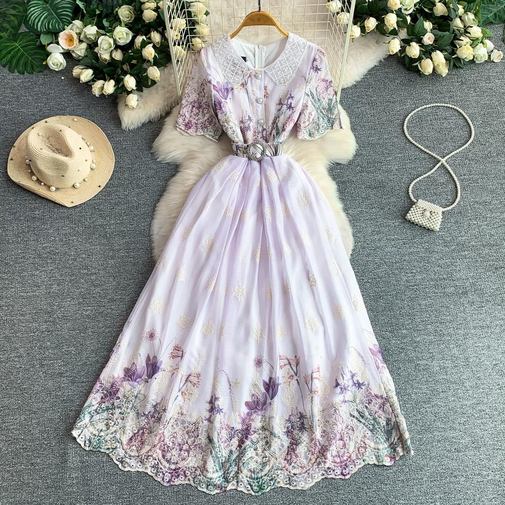 Embroidery Formal Luxury Evening Midi Dress Women Summer Beaded Peter Pan Collar Crochet Flower Hollow Out Short Sleeve Midi Dresses