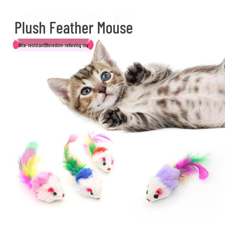 Colorful Feather Tail Plush Mouse Cat Toy
