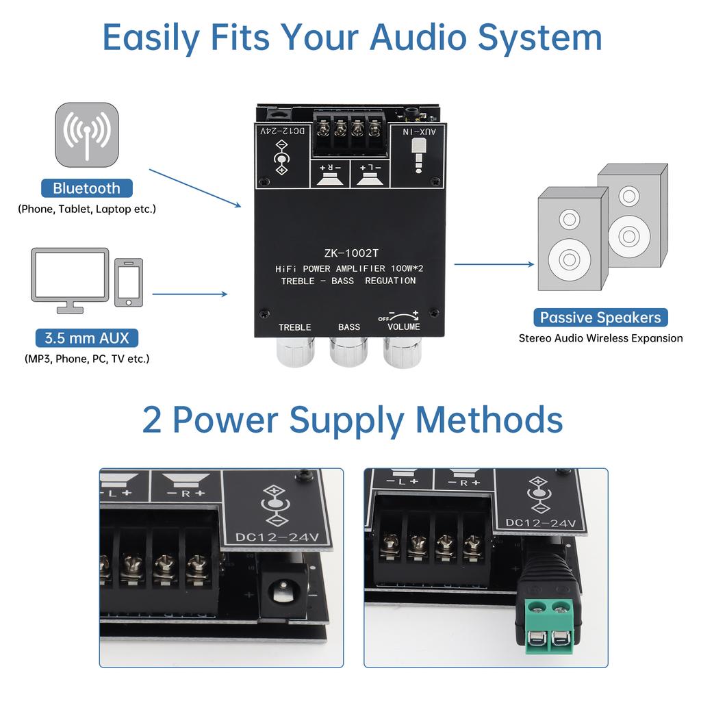 Bluetooths Amplifier Board 100Wx2 TPA3116D2 Car Audio Home Theater DIY Speakers Stereo Receiver 12V-24V Power Module