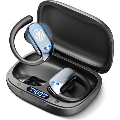 Auricolari sportivi wireless Bluetooth 5.4 con ENC e cancellazione del rumore AI Audio Hi-Fi Riproduzione 60 ore e doppio display LED con ganci auricolari
