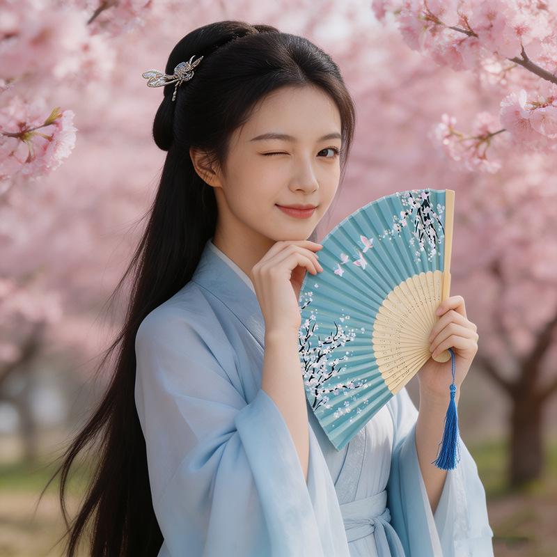 Ancient Style Chinese Hanfu Cheongsam Folding Fan for Women & Students - Portable and Perfect for Summer Dance.