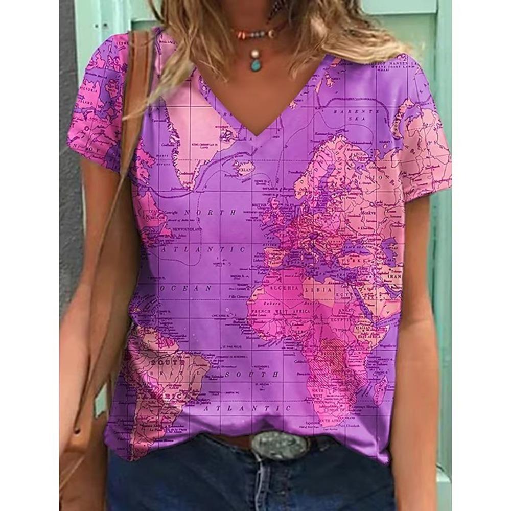 T-shirt da donna retrò casual nera moda scollo a V pullover manica corta stampata larga top quotidiano