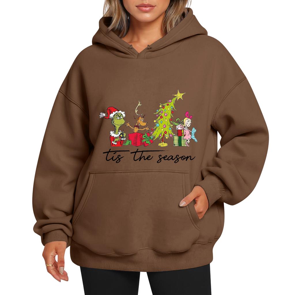 Ladies' Christmas Style Printed Hoodie With Wool And Pockets For Women