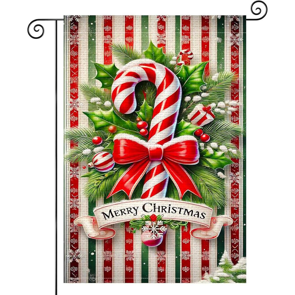 Merry Christmas Candy Cane Garden Flag Double-Sided Holiday Garden Flag Stripes Holly Seasonal Banner for Indoor and Outdoor Decoration Yard Lawn Dec