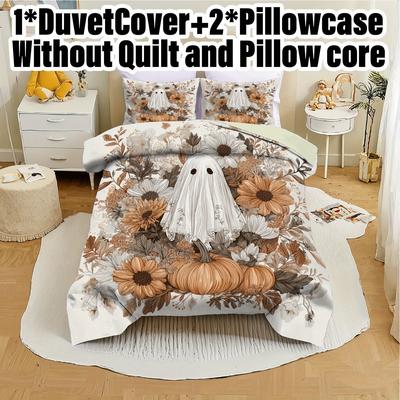 3pcs Halloween Pumpkin Monster Duvet Cover Set Without Core, Quilt Cover with 2 PillowcasesSoft and Machine Washable Duvet Cover