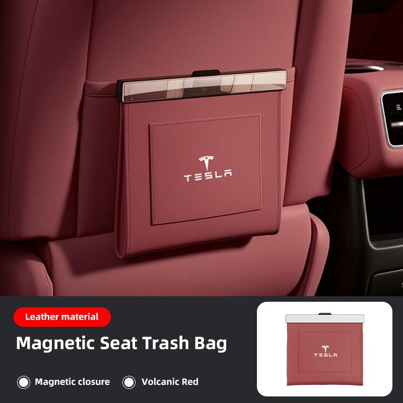 

Car Leather Garbage Bag Magnetic Adsorption Seat Back Hanging Storage Bag For Tesla Model 3 Y S X Cybertruck Juguete Coil Bonina красный