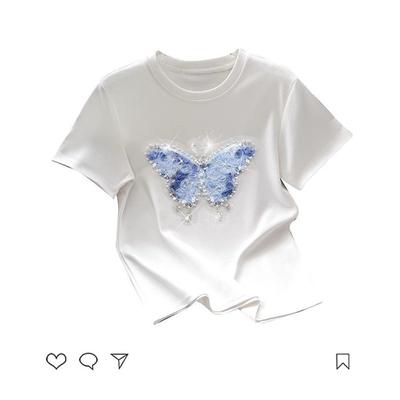 Women's Summer 3D Butterfly Rhinestone Embellished Crew Neck Short Sleeve