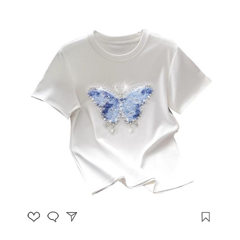 Women's Summer 3D Butterfly Rhinestone Embellished Crew Neck Short Sleeve