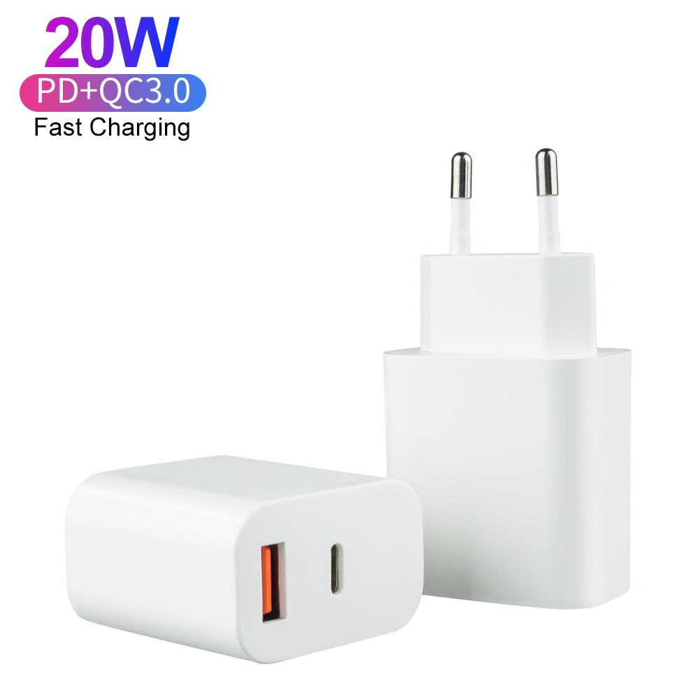 Certified Fast Charging PD 20W QC3.0 Charger USB-C Travel Power Adapter Dual Port Charger for IPhone Android