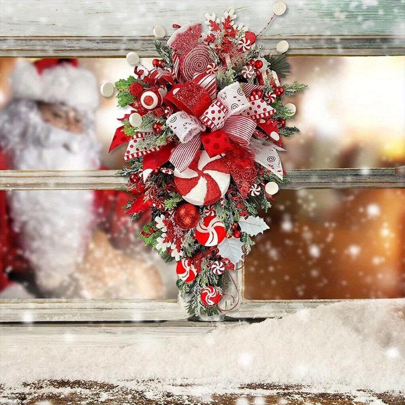 Sweet Christmas Wreath Garland Candy Cane Bow Ornament Xmas Front Door Hanging Wall Home Decor
