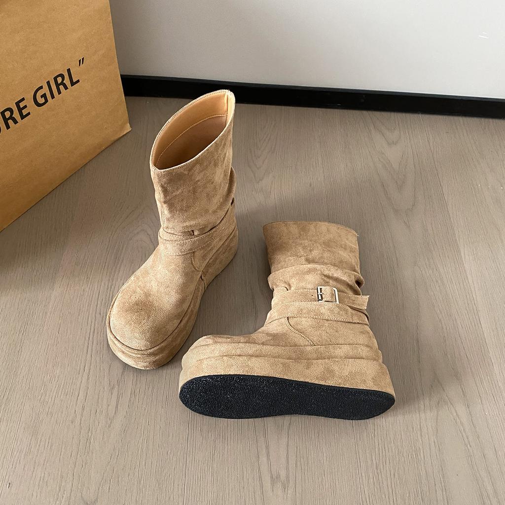 Cowhide version~ American retro suede big head belt buckle short boots autumn and winter simple and not tired feet round head western boots