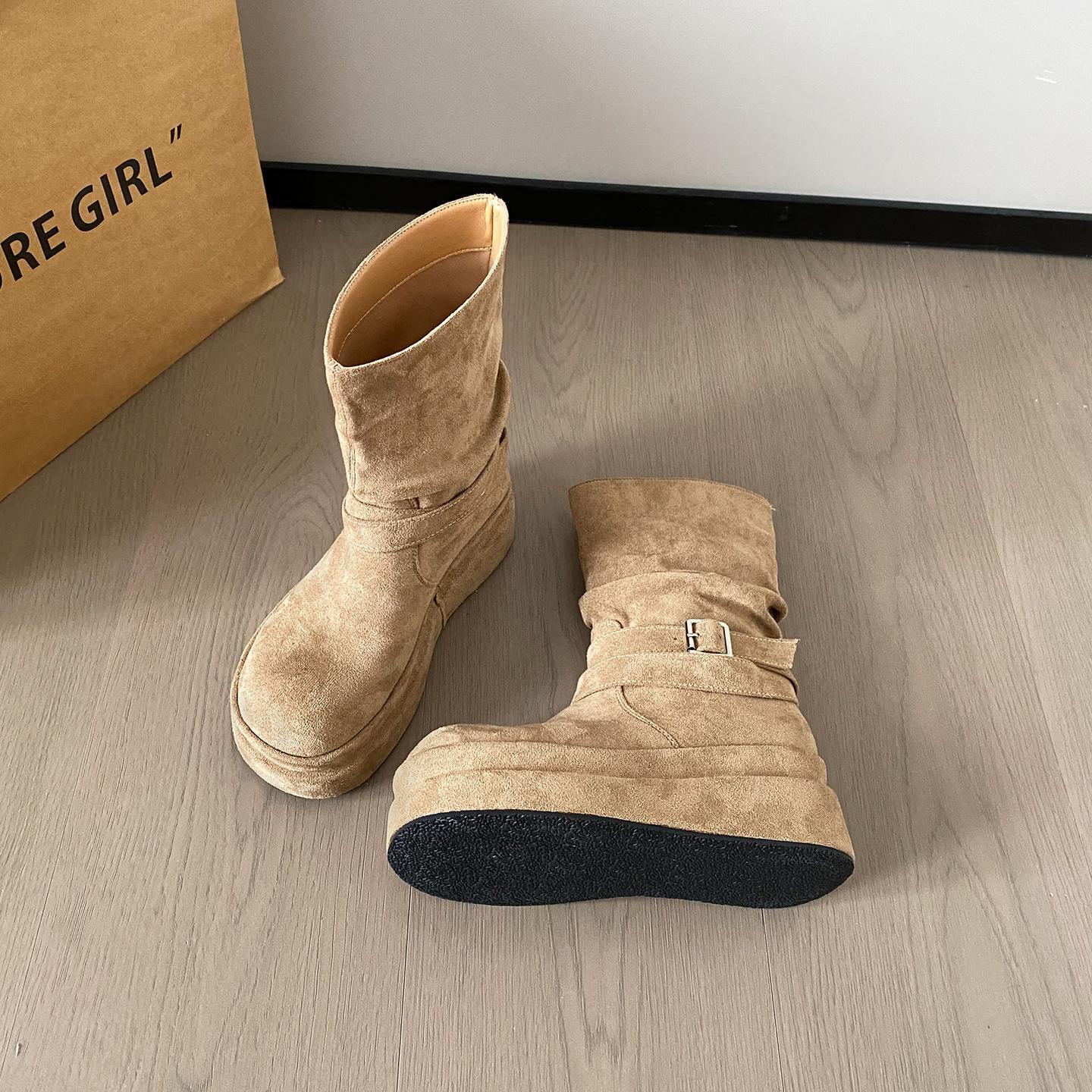 

Cowhide version~ American retro suede big head belt buckle short boots autumn and winter simple and not tired feet round head western boots 40