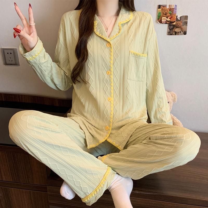 Niche afslappet pyjamas til kvinder, forår, langærmet, ensfarvet, imiteret bomuld, jacquard, løstsiddende loungewear, skalkant, todelt sæt
