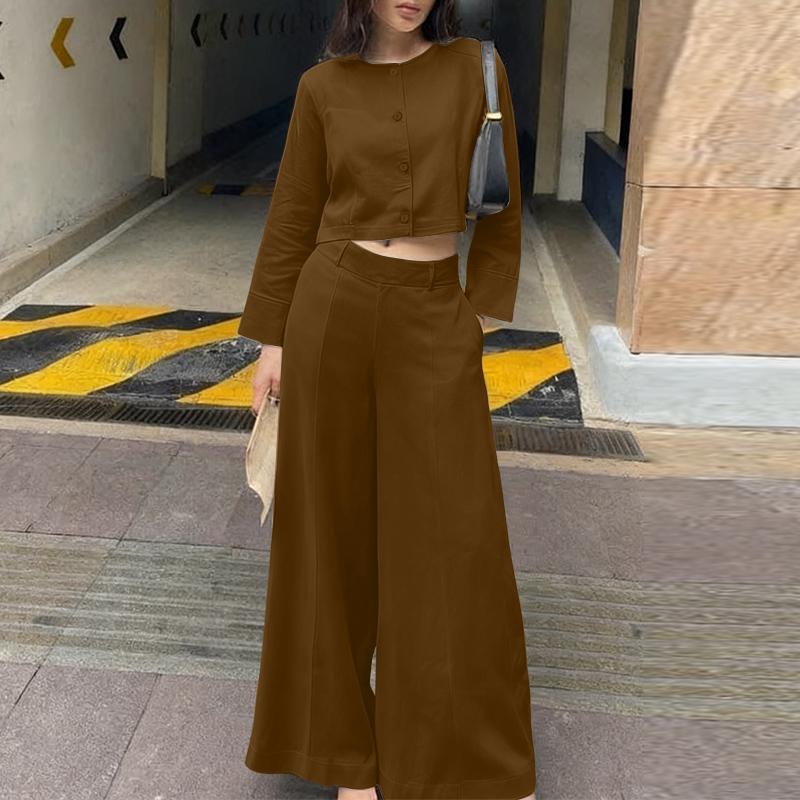 

ZANZEA Женская блузка с длинным рукавом и брюки с широкими штанинами Повседневные комплекты-двойки 2XL коричневый