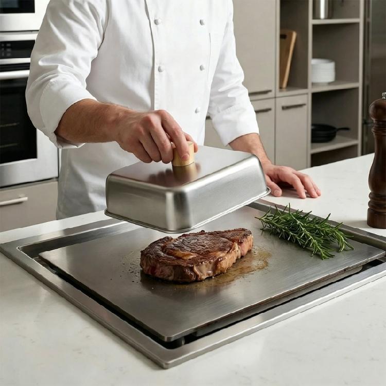 Stainless Steel Cooking Lid With Heatproof Wooden Handle Heat Resistant Basting Cover For Home And Restaurant Use