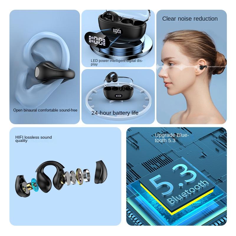 Căști Bluetooth fără fir 5.3 Afișaj digital Clip-on pentru ureche Căști Bluetooth fără fir fără ureche Căști cu durată de viață super lungă a bateriei