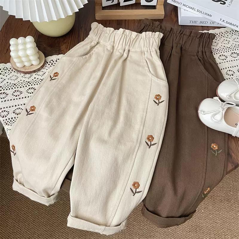 Spring Autumn Children Pants Spring and Autumn Girls' Casual Pants Flower Embroidery Fashion Trousers