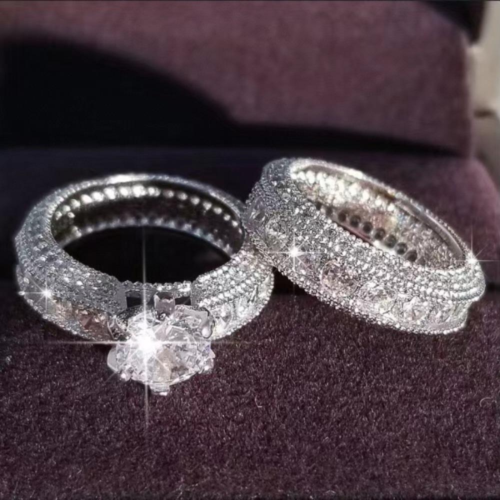 Silvery Natural Diamond Ring Zircon Diamond Ring Jewellery Accessories Wedding Ring Set  Women