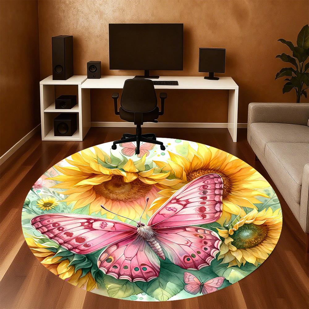 1pc Butterfly Sunflower Round Chair Mat Office Area Rug - Non-Slip, Floor Mat for Office, Bedroom, Ideal Home Decor Gift C0112014