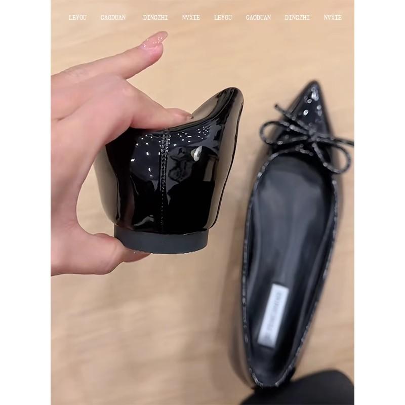 Small inner height increase pointed head shallow mouth single shoes women's new temperament Mary Jane bow flat women's shoes
