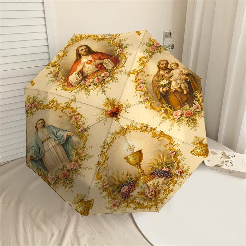 

1PC Religious Symbols Flowers Umbrella-8-Rib Reinforced Portable Folding Travel Suitable for All Seasons Outdoor Daily Use Is an Ideal Choice -F347