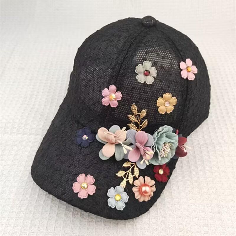 Elegant Floral Embroidered Mesh Cap for Women - Lightweight Breathable Adjustable Baseball Hat with Faux Pearl