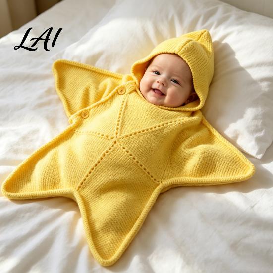 Pasgeboren Fotografie Prop Zeester Baby Slaapzak Gebreide Wikkel Slaapzak met Capuchon Vakantie Souvenir Gezellige Stervormige Draagbare Baby Deken,