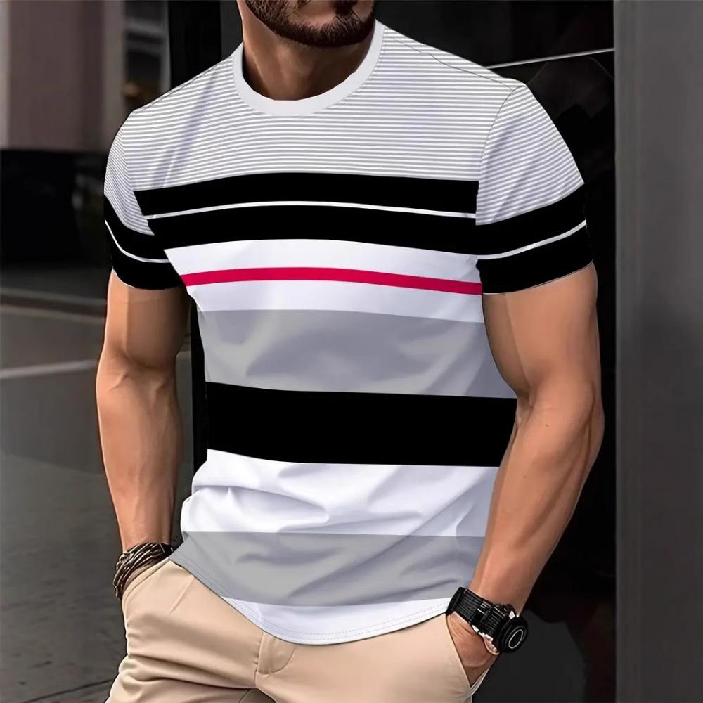 Summer 3D Striped Printed Men's T-shirt Casual Breathable Round Neck Short Sleeved T-shirt Outdoor Oversized Street Men's Top