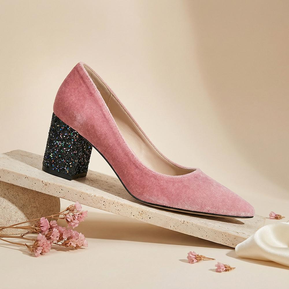 

2026 Spring Fashion Pink Women Velvet Pointed Toe Pumps Chunky Heel Lady Bridals Shoes Plus Size 12 43 45 48 39 рожевий