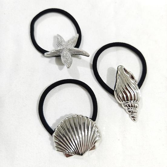 3Pcs Women Hair Ties Elastic Hair Bands with Metal Conch Shell Starfish Decoration Soft