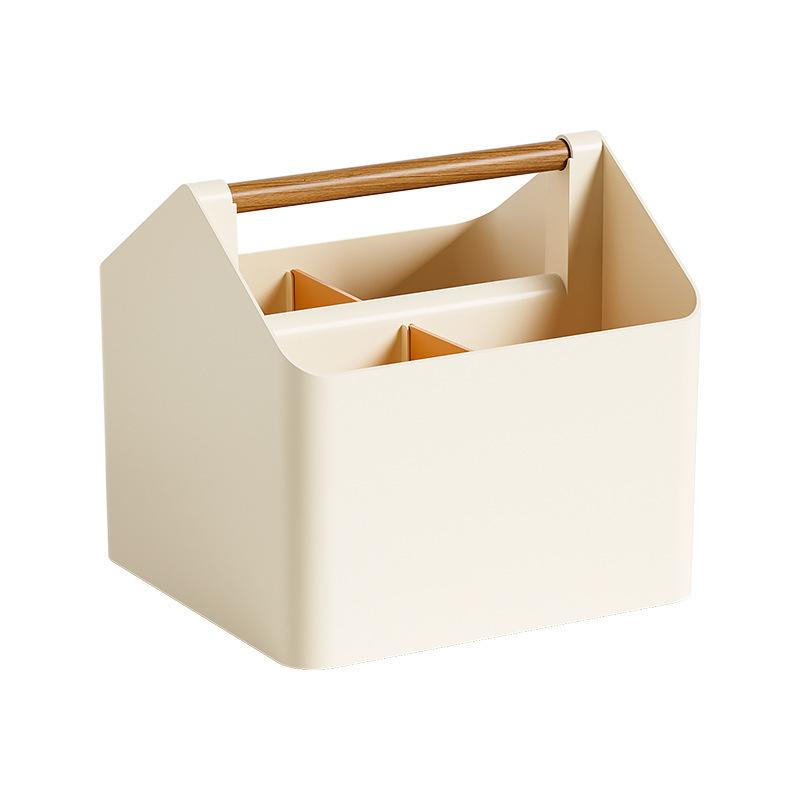 Desktop Storage Box with Wooden Handle Compartmentalized Organizer Portable Desk Caddy for Stationery Cosmetics Office Supplies