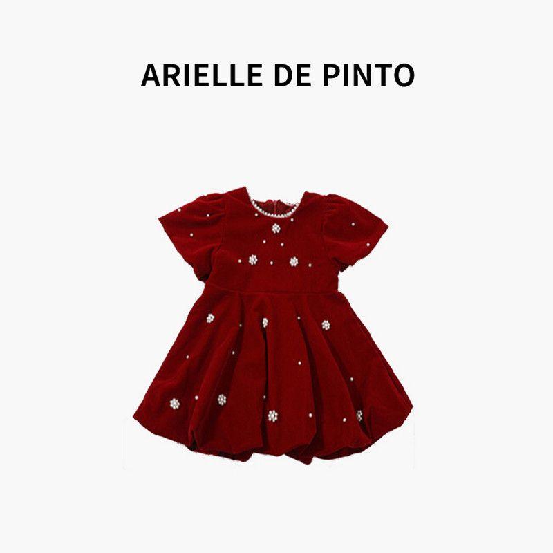 French Arielle De Pinto Girls  Velvet Rhinestone Dress, Spring and Autumn Style, Stylish Fleece-Lined Vest Dress Red 120cm