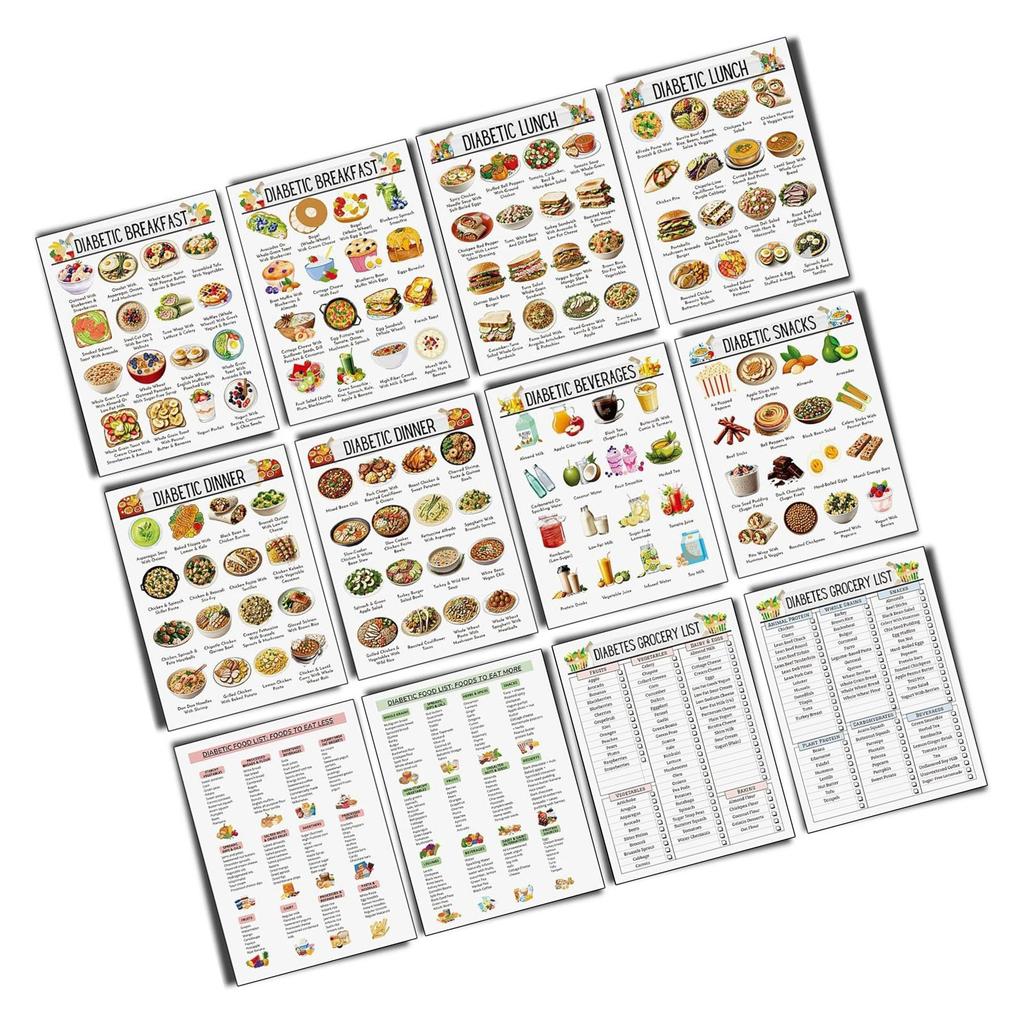 Diabetes Meal Planner Foot List Chart Set of 12 Dietary Reference Sheets for Diabetics Healthy Eating Habits 8x10Inch