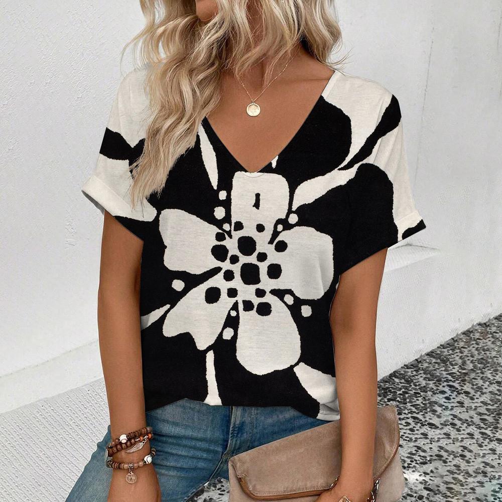 2025 Elegantes und Bequemes Damenmode Kunst Blumenmuster T-Shirt Sommer Freizeit Leichtes Kurzarm-Kleidungsstück